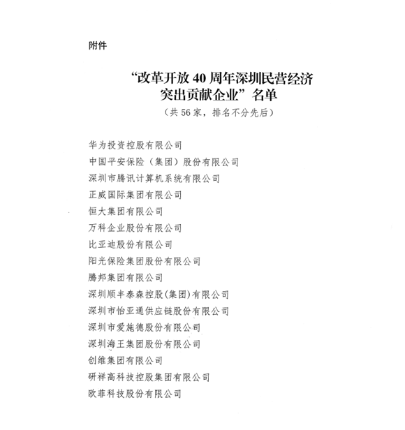 喜讯，bifa必发供应链荣获“改革开放40周年深圳民营经济突出贡献企业”称号  